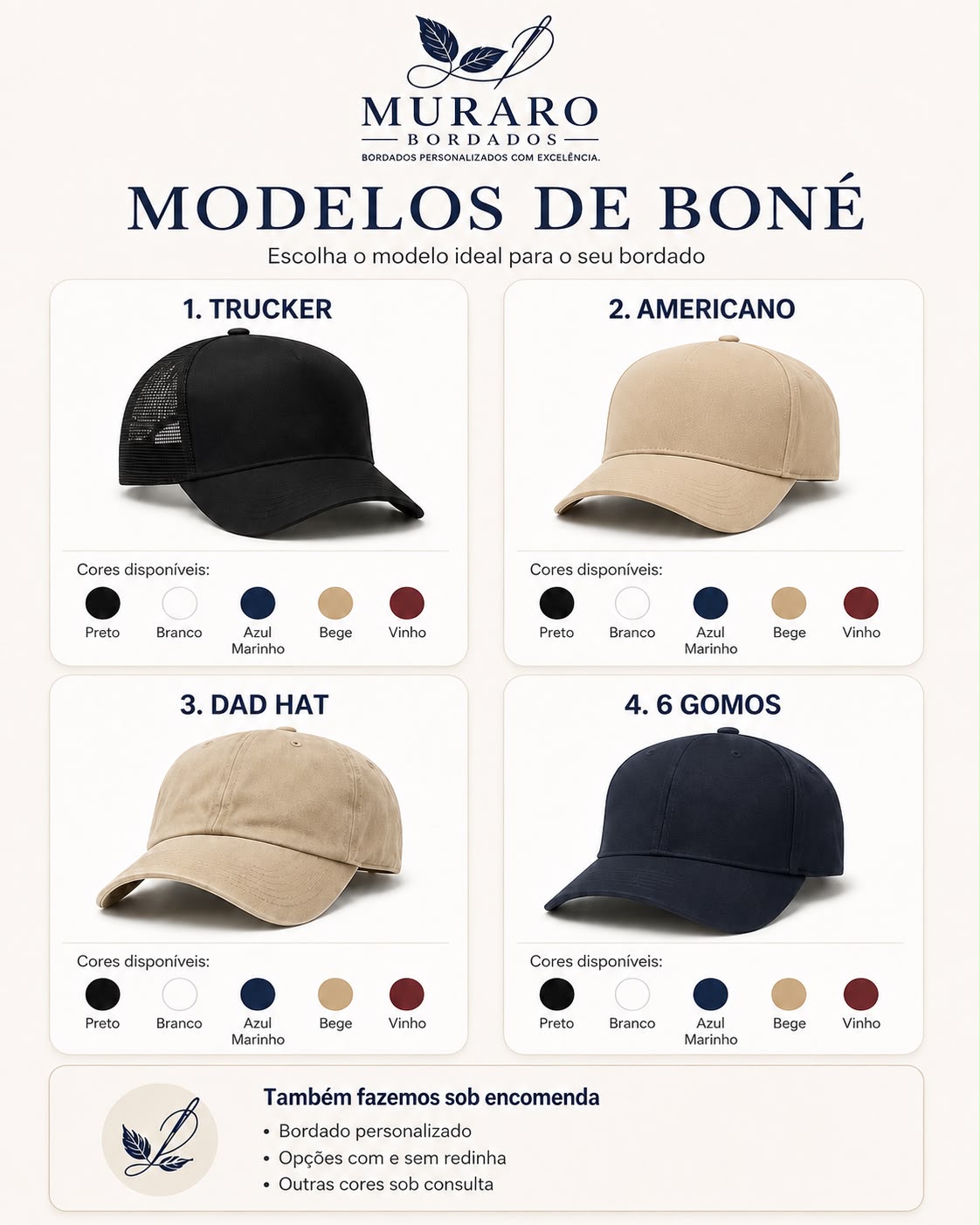 Modelos de bonés personalizados Muraro Bordados